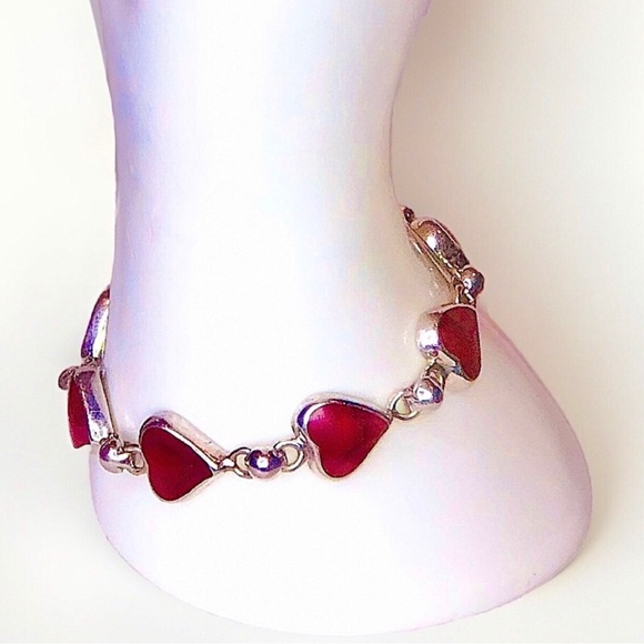 MEXICAN Sterling Silver Red Jasper Heart Toggle Bracelet - Picture 1 of 12